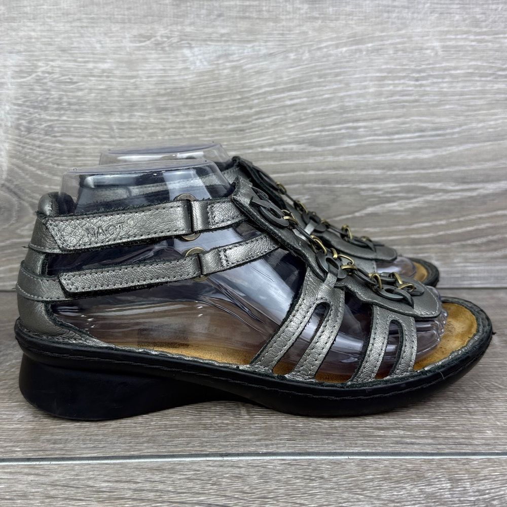 Naot Trovador Women’s Sz 6/EU 37 Metallic Gray Leather Hook & Loop Metal Sandals
